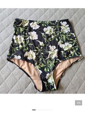 High-Waist Floral Bikini Bottoms - Black with White & Green Floral